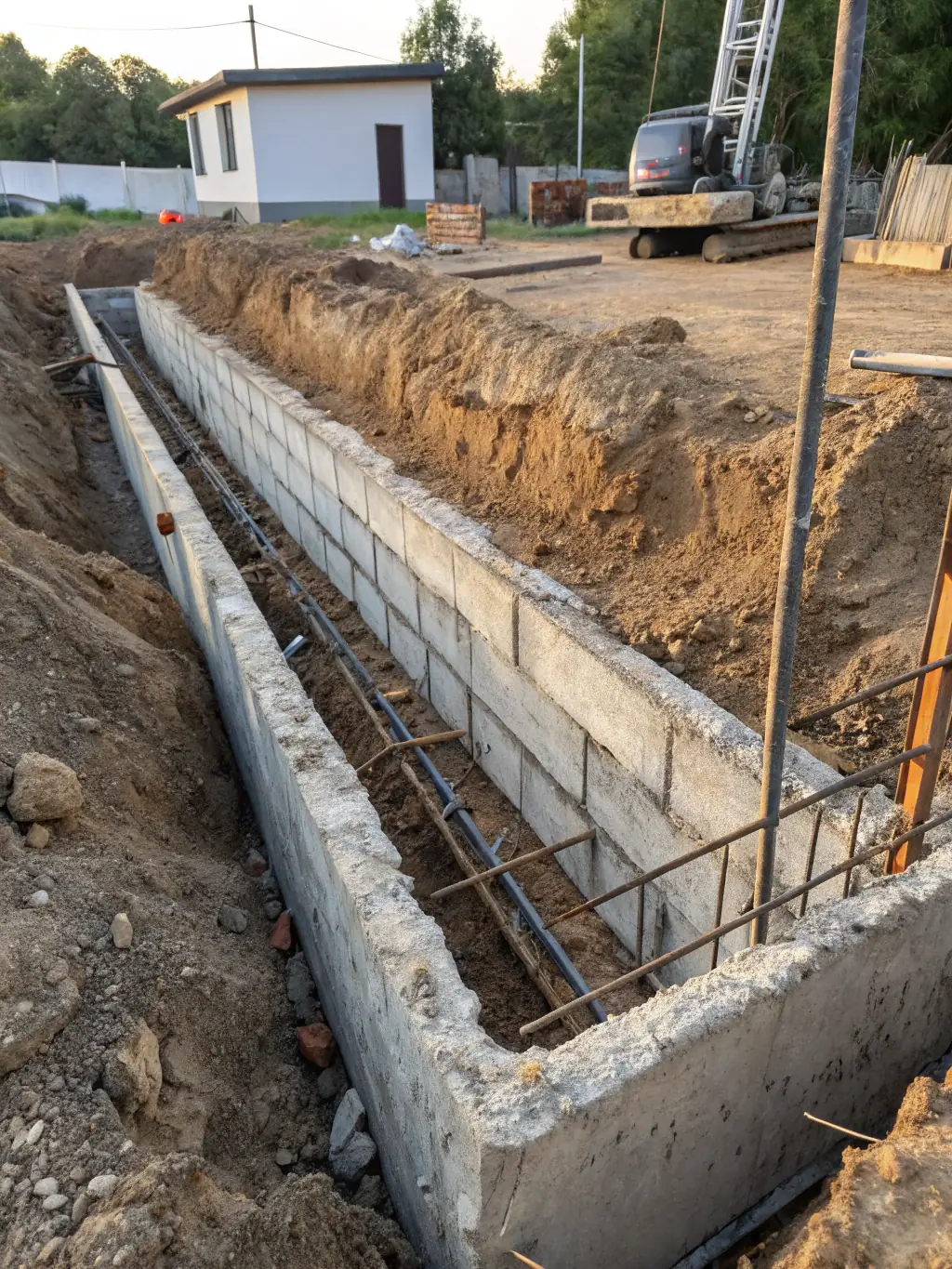 A detailed image of a strip foundation, showcasing its structure and application in a residential building project in Minsk.