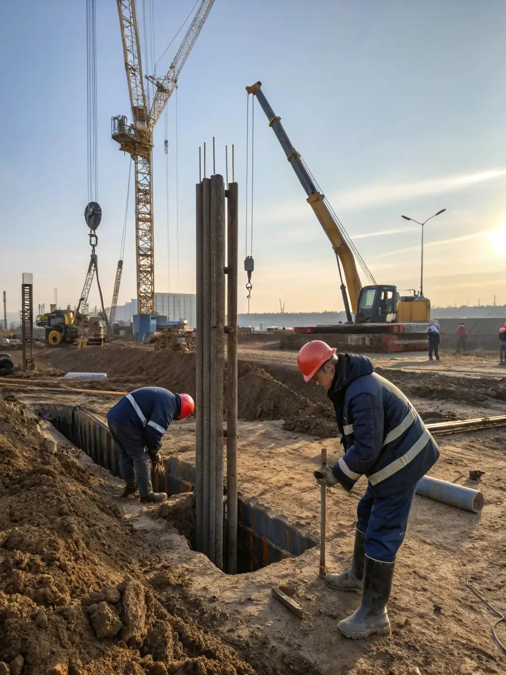An image of a pile foundation being installed, demonstrating its use in areas with deep or weak soil layers around Minsk.